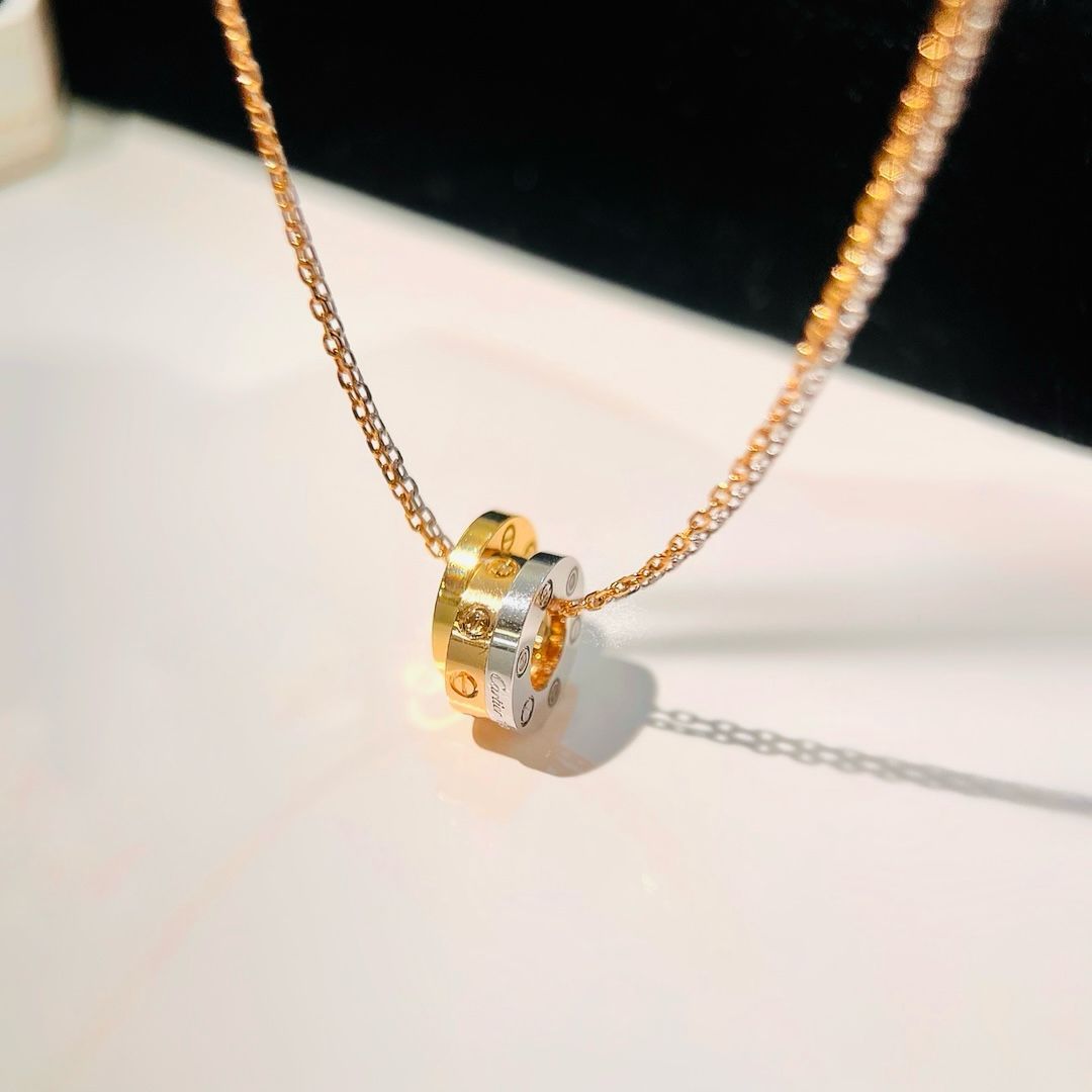 Trio Love Ring Pendant Necklace – Gold, Rose Gold, and Silver