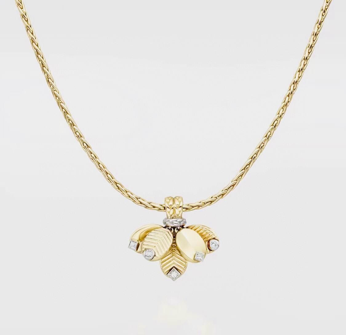 Gold Leaf Cluster Pendant Necklace with Diamond Accents