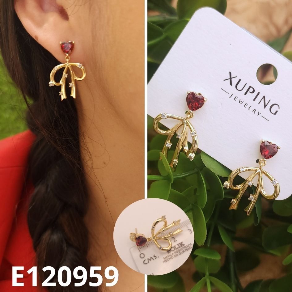 ARETES ENCHAPADOS EN ORO 14K 2.5CM CORAZON ROJO