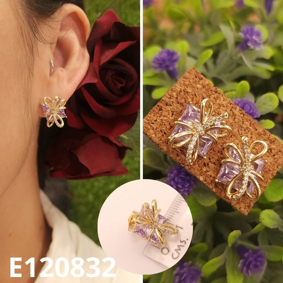 ARETES ENCHAPADOS EN ORO 14K REGALITO CON MOÑA MORADA