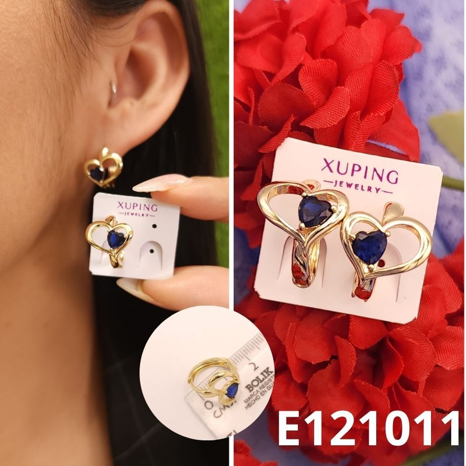 ARETES ENCHAPADOS EN ORO 14K CORAZON AZUL 1.6CM