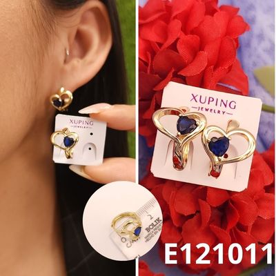 ARETES ENCHAPADOS EN ORO 14K CORAZON AZUL 1.6CM
