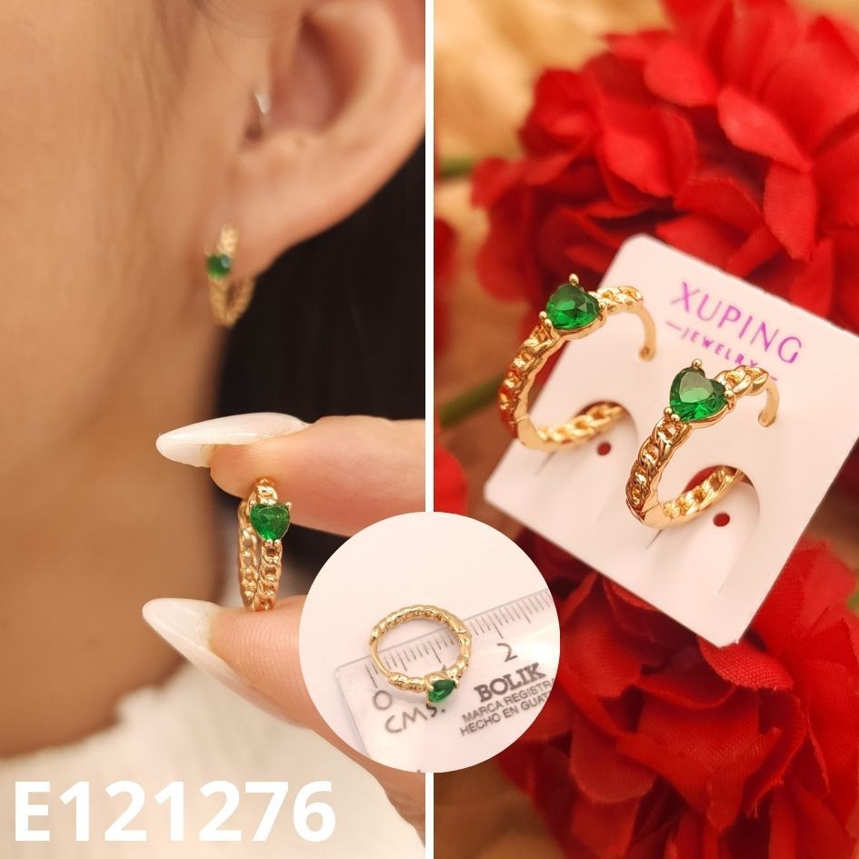 ARGOLLAS ENCHAPADAS EN ORO 18K CORAZON VERDE 1.5CM