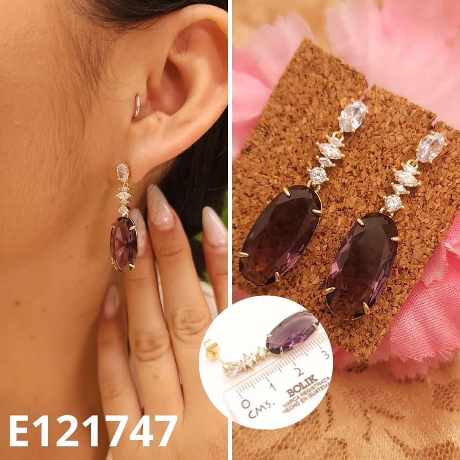 ARETES ENCHAPADOS EN ORO 14K GOTA MORADA 3.5CM
