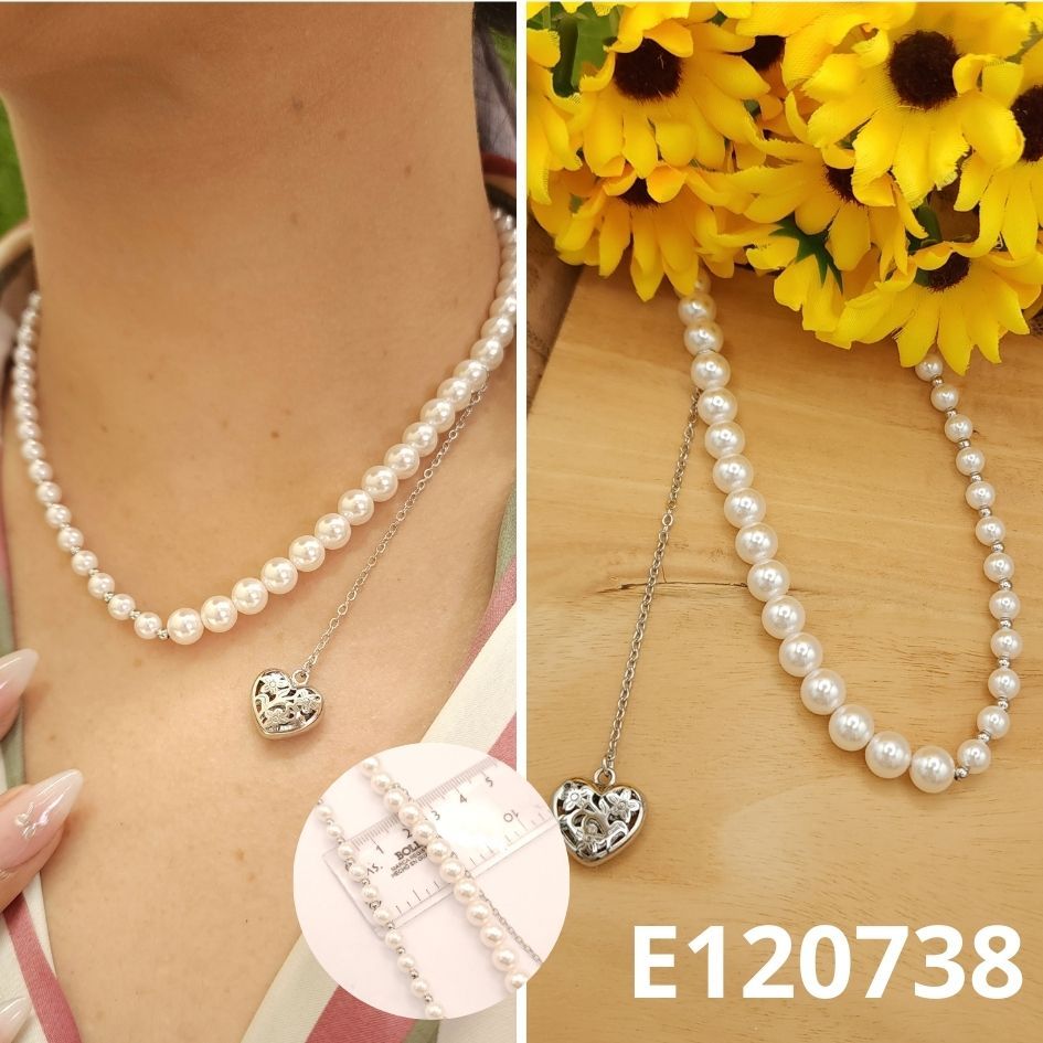 GARGANTILLA ENCHAPADA EN PLATINOO CORAZON Y PERLA DOBLE CADENA 42 A 47CM LARGO
