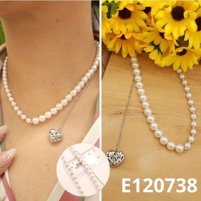 GARGANTILLA ENCHAPADA EN PLATINOO CORAZON Y PERLA DOBLE CADENA 42 A 47CM LARGO