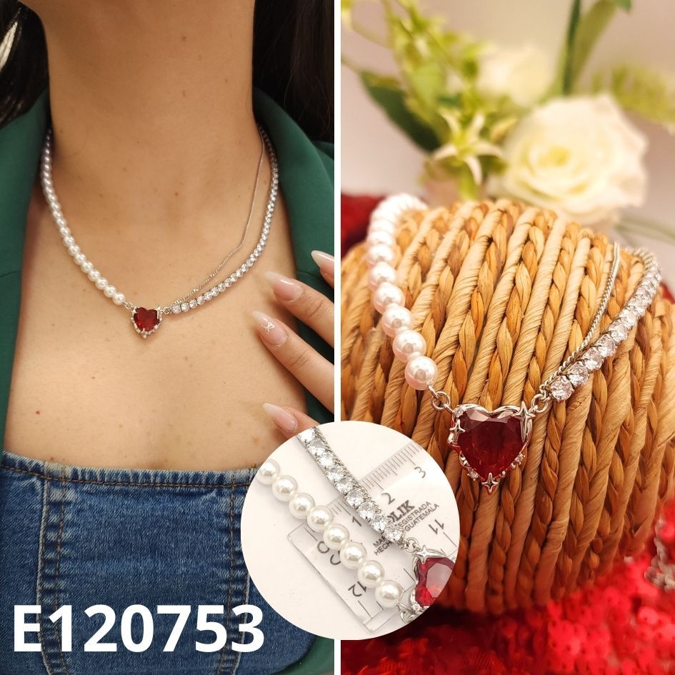 GARGANTILLA ENCHAPADA EN PLATINO DOBLE CADENA CORAZON ROJO45 A 50CM LARGO