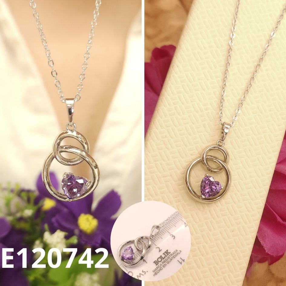 GARGANTILLA ENCHAPADA EN PLATINO CORAZON MORADO 40 A 45CM LARGO
