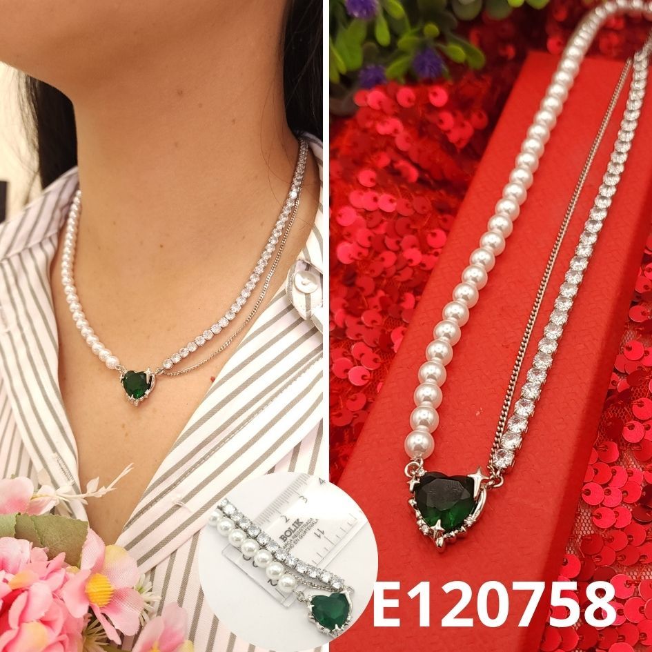 GARGANTILLA ENCHAPADA EN PLATINO CORAZON VERDE Y PERLAS 45 A 50CM LARGO