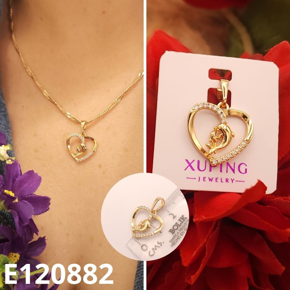DIJE ENCHAPADO EN ORO 18K CORAZON Y DELFINES 45CM LARGO