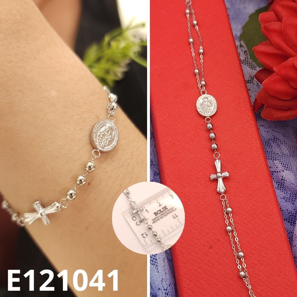 PULSERA ENCHAPADA EN PLATINO MEDALLITA VIRGEN Y CRUZ 17 A 19CM LARGO