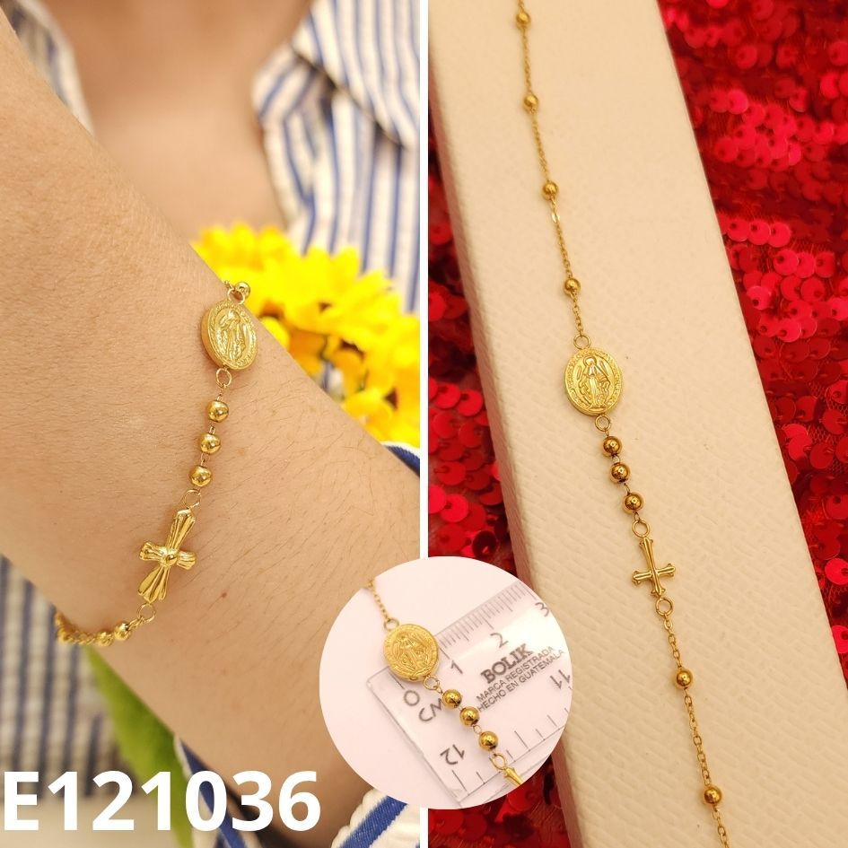 PULSERA ENCHAPADA EN ORO 14K MEDALLA MILAGROSA Y CRUZ 17 A 19CM LARGO