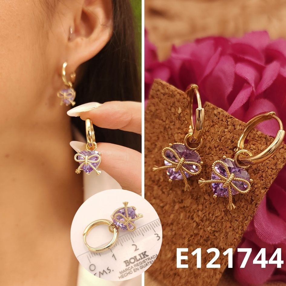 ARETES ENCHAPADOS EN ORO 14K CORAZON MORADO 2.5CM
