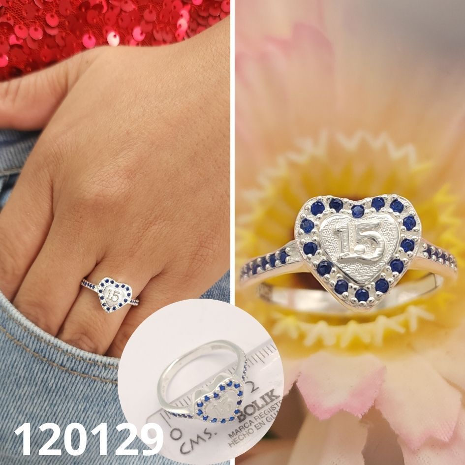 ANILLO D EPLATA 925 QUINCE AÑOS CORAZON AZUL