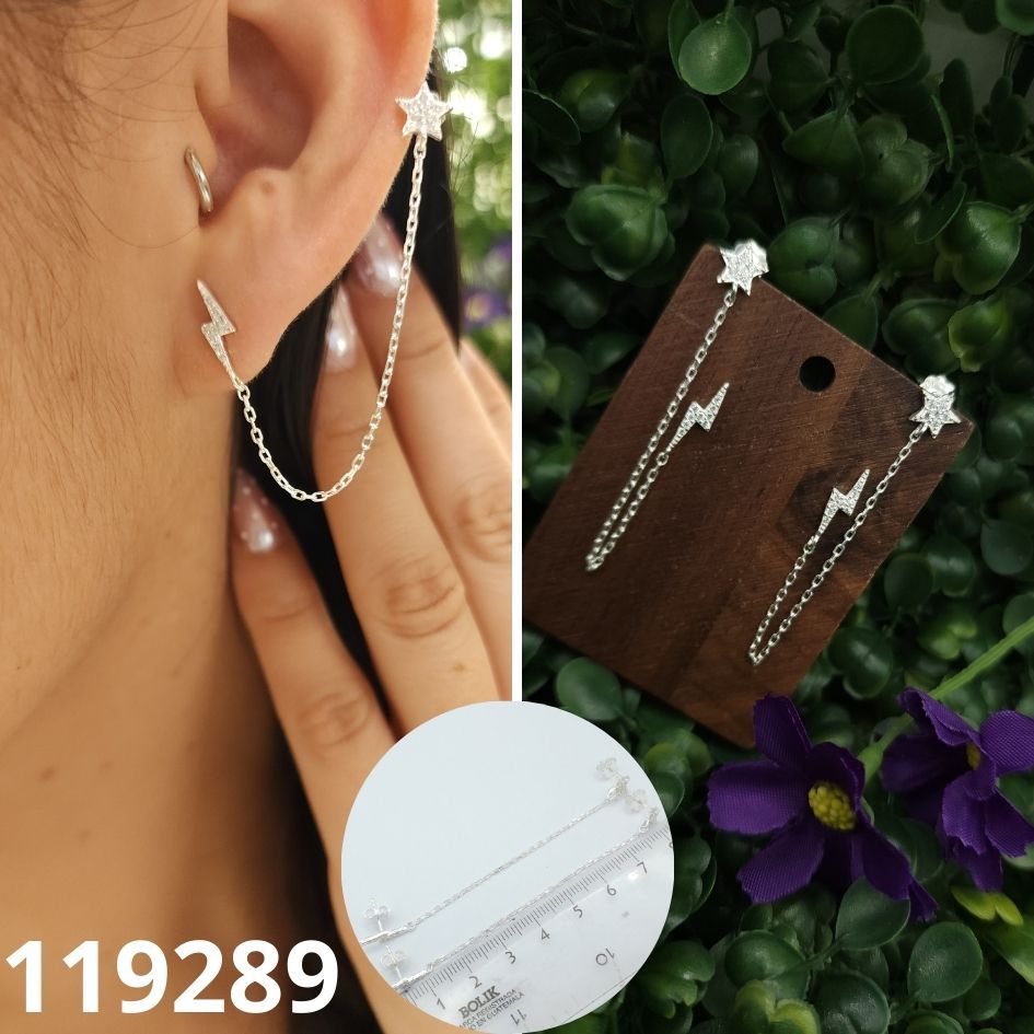 ARETES DE PLATA 925 ESTRELLA Y RAYO 8CM PARA DOBLE AGUJERITO