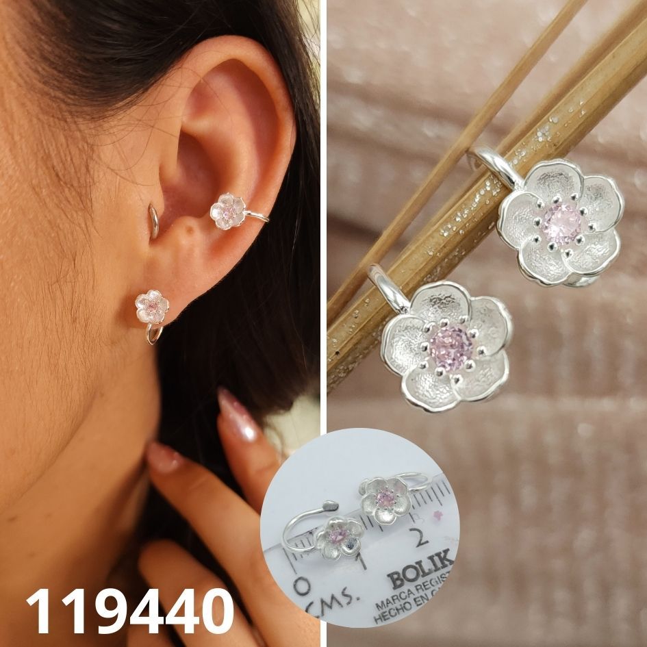 ARETES DE PLATA 925 FLOR ROSADA CLIP