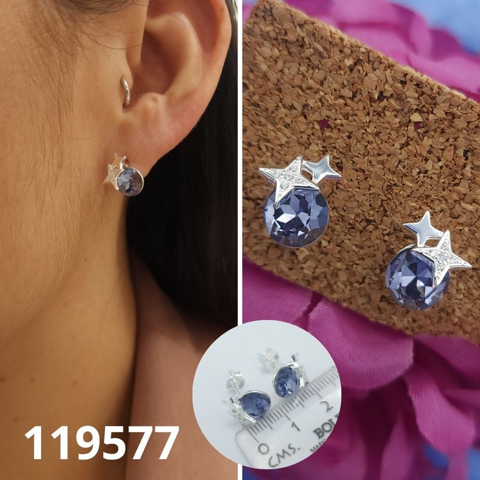ARETES DE PLATA 925 ESTRELLA Y PIEDRA MORADA