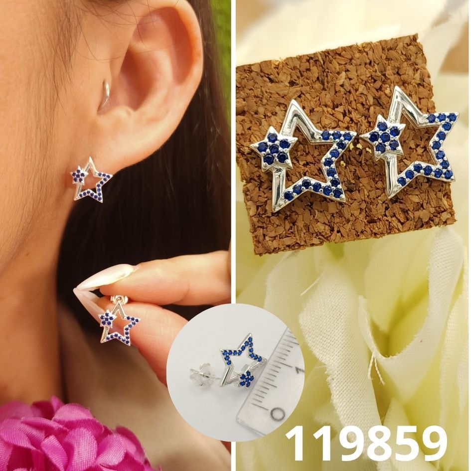 ARETES DE PLATA 925 ESTRELLAS AZULES 1.2CM