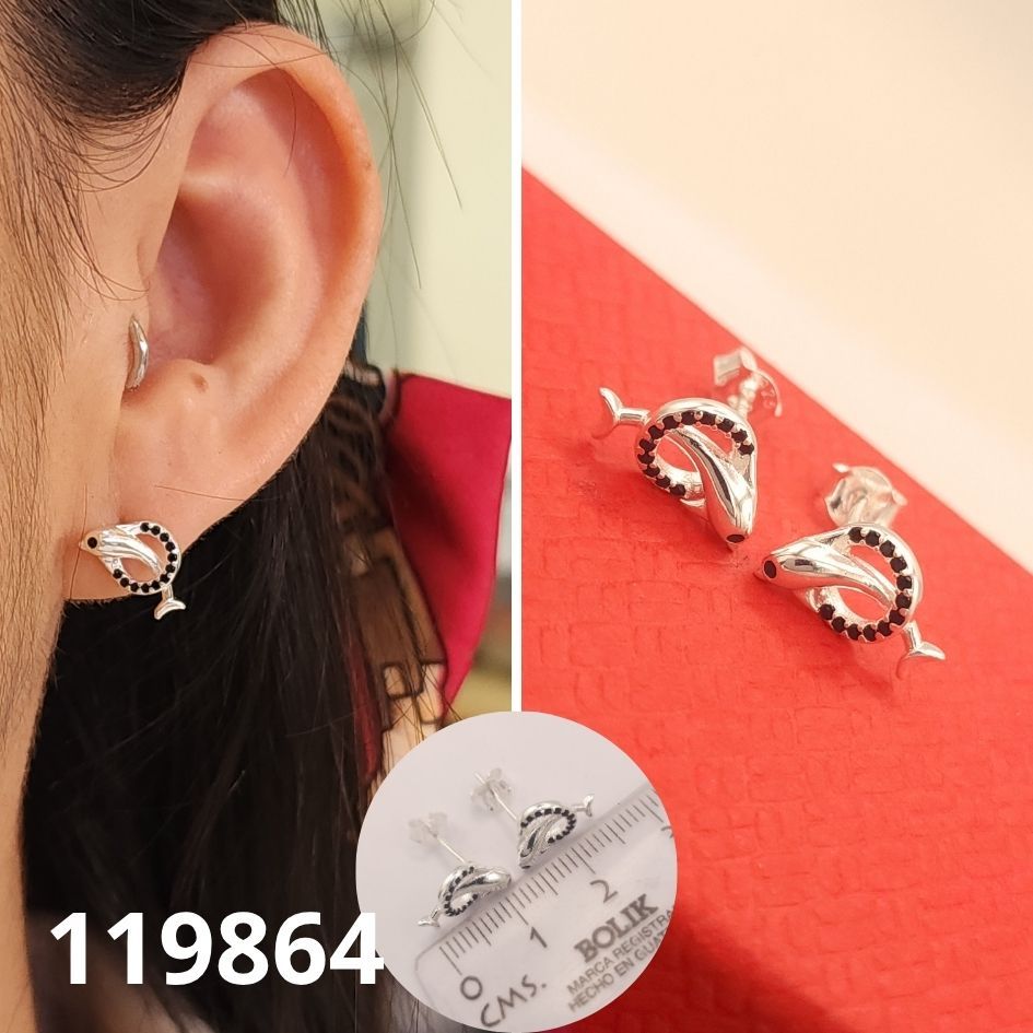 ARETES DE PLATA 925 DELFINES NEGROS 1.2CM