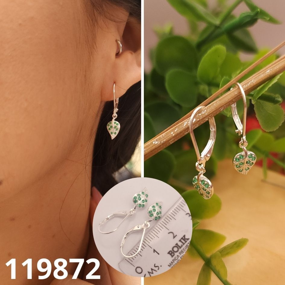 ARETES DE PLATA 925 HOJA VERDE 2.5CM TRABADOR ESPAÑOL