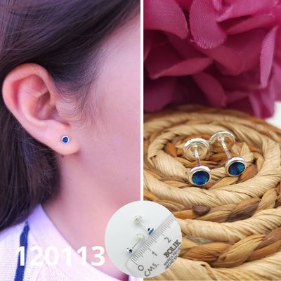 ARETES DE PLATA 925 PUNTO DE LUZ AZUL 4MM BOLITA ATRAS