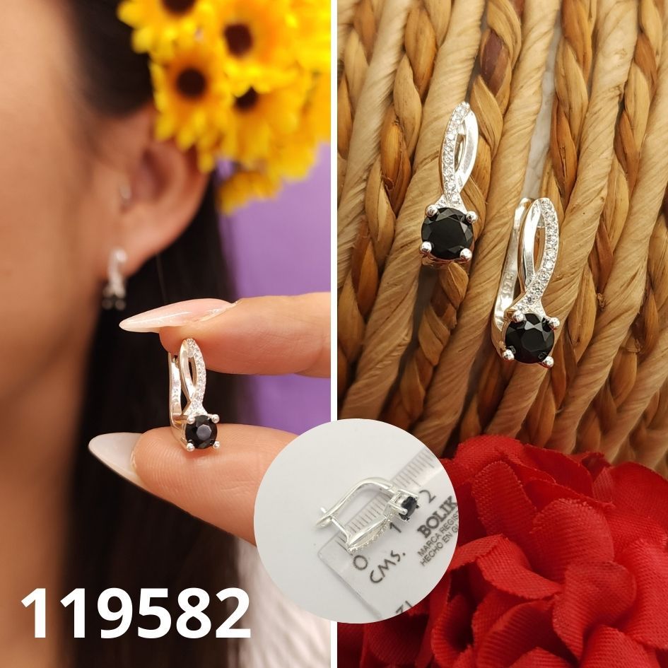 ARETES DE PLATA 925 PIEDRA NEGRA Y CIRCONIAS 1.5CM