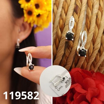 ARETES DE PLATA 925 PIEDRA NEGRA Y CIRCONIAS 1.5CM