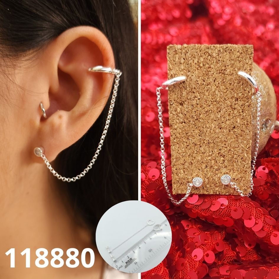 ARETES DE PLATA 925 PUNTO DE LUZ CADENA Y HUGGIE 7CM LARGO
