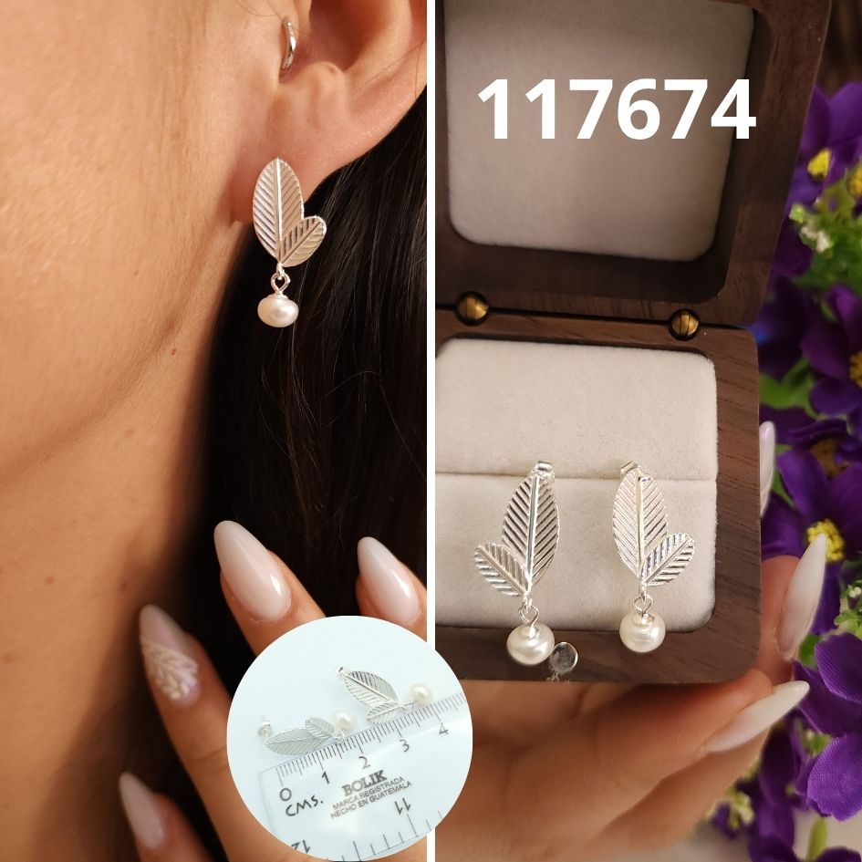 ARETES DE PLATA 925 HOJAS Y PERLAS