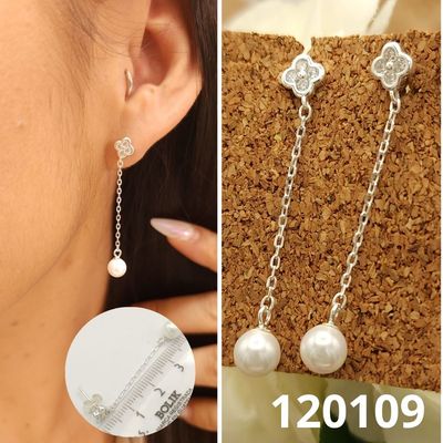 ARETES DE PLATA 925 TREBOL Y PERLA BLANCA 4CM LARGO