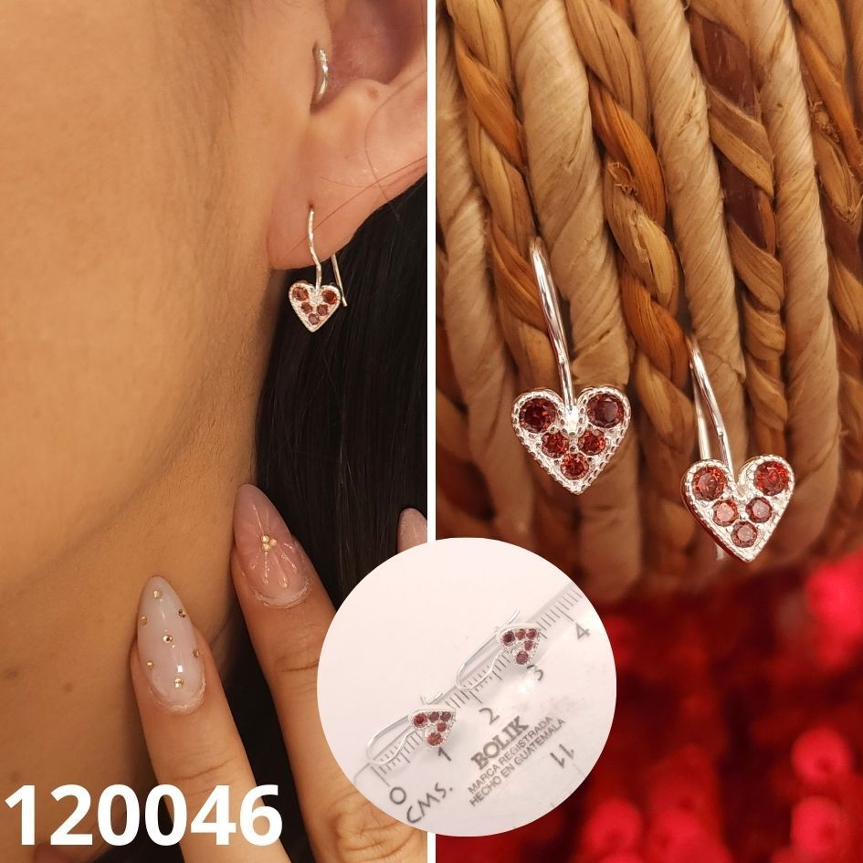 ARETES DE PLATA 925 CORAZON ROJO 1.7CM