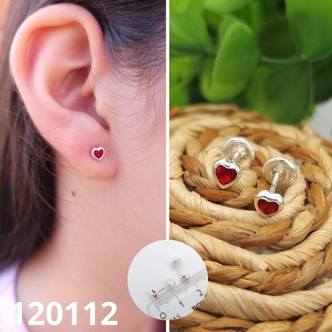 ARETES DE PLATA 925 CORAZON ROJO 4MM BOLITA ATRAS