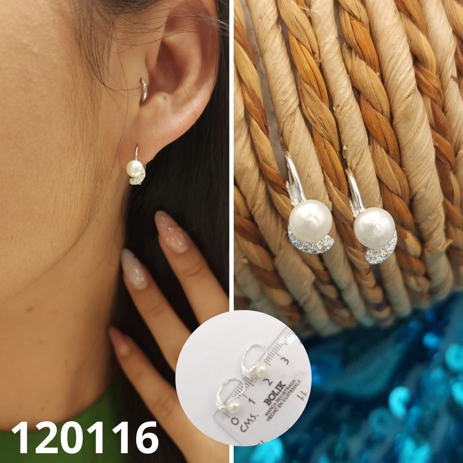 ARETES DE PLATA 925 CON PERLAS TRABADOR ESPAÑOL 1.5CM