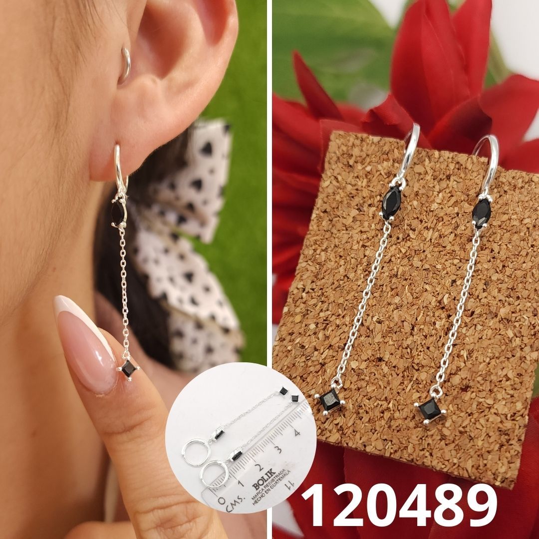 ARETES DE PLATA 925 HUGGIES LARGO CON CIRCONIAS NEGRAS