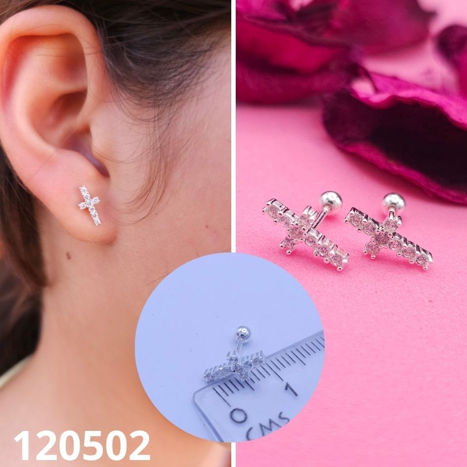 ARETES DE PLATA 925 CRUZ BOLITA ATRAS