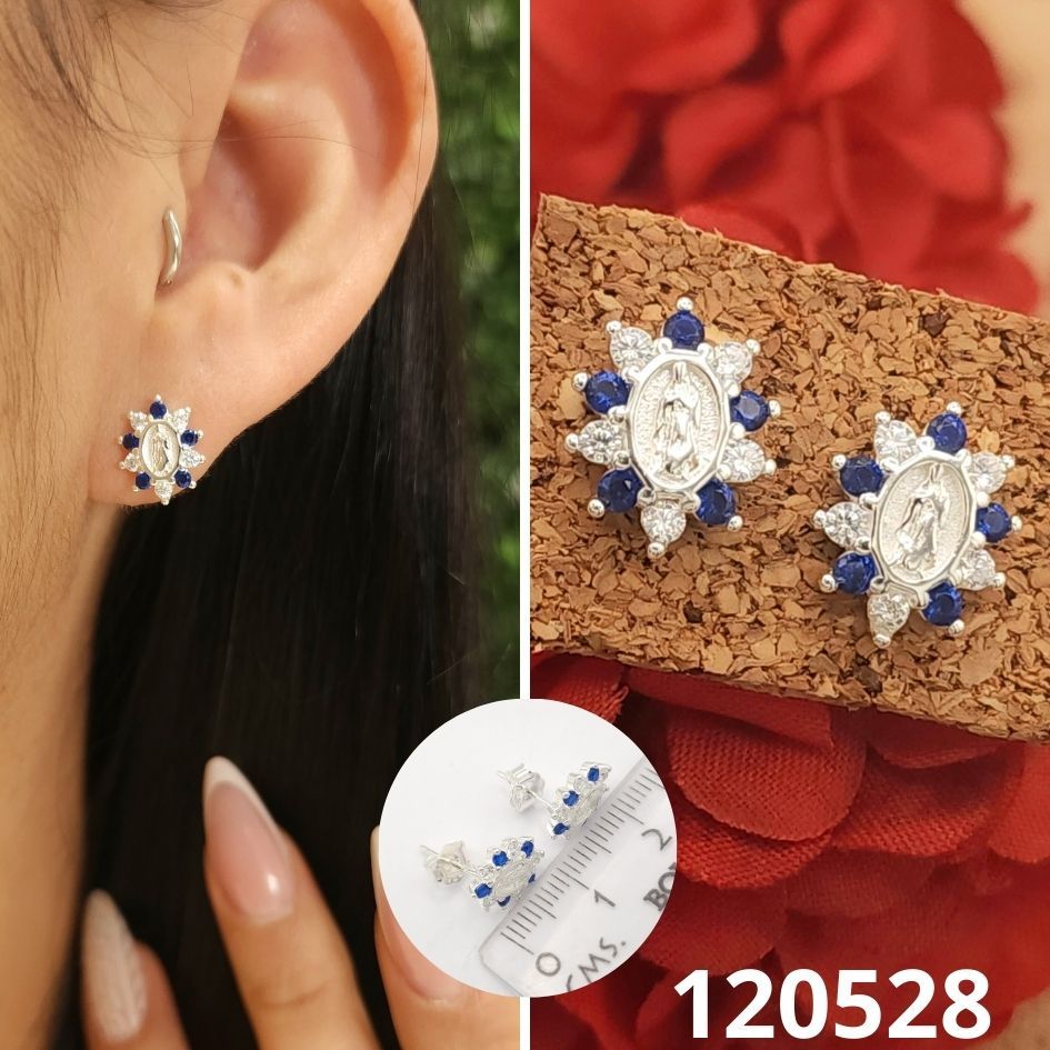 ARETES DE PLATA 925 VIRGEN PIEDRAS AZULES