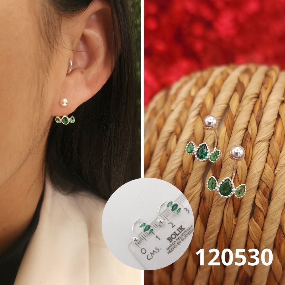 ARETES DE PLATA 925 HOJAS VERDE CON BOLITA ATRAS