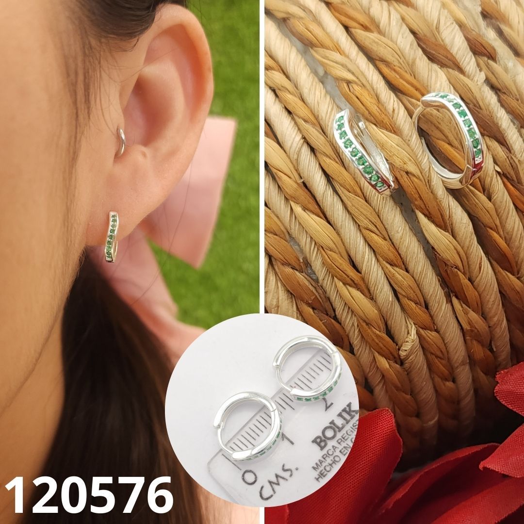 ARGOLLAS DE PLATA 925 HUGGIES 13MM DIAMETRO X 2MM ANCHO VERDE