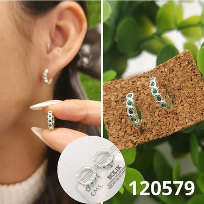 ARETES DE PLATA 925 HUGGIES 13MM DIAMTRO X 2MM ANCHO VERDES
