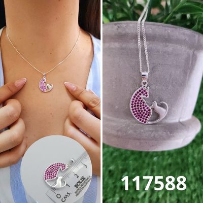 DIJE DE PLATA 925 GATOS 2CM PIEDRAS FUCSIA