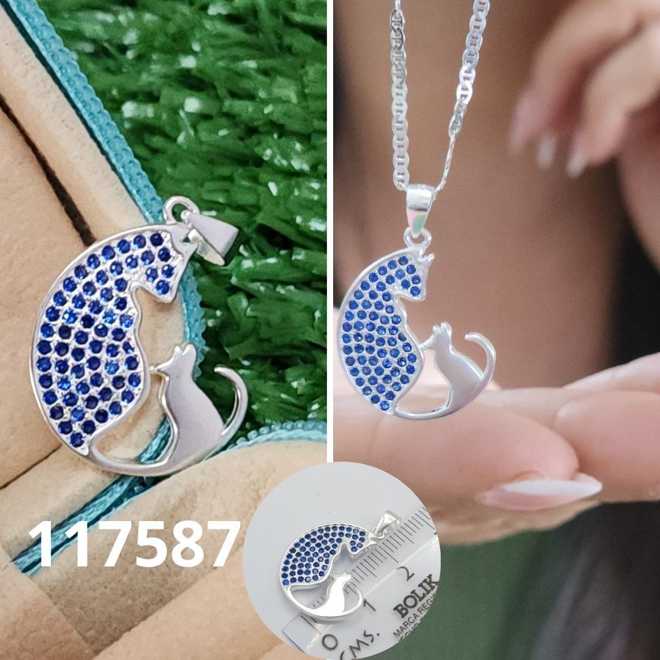 DIJE DE PLATA 925 GATOS 2CM PIEDRAS AZULES