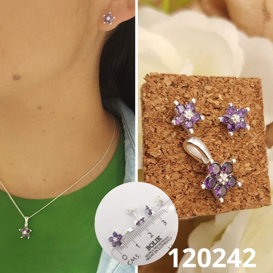JUEGO DE PLATA 925 DIJE Y ARETES MORADO 1CM