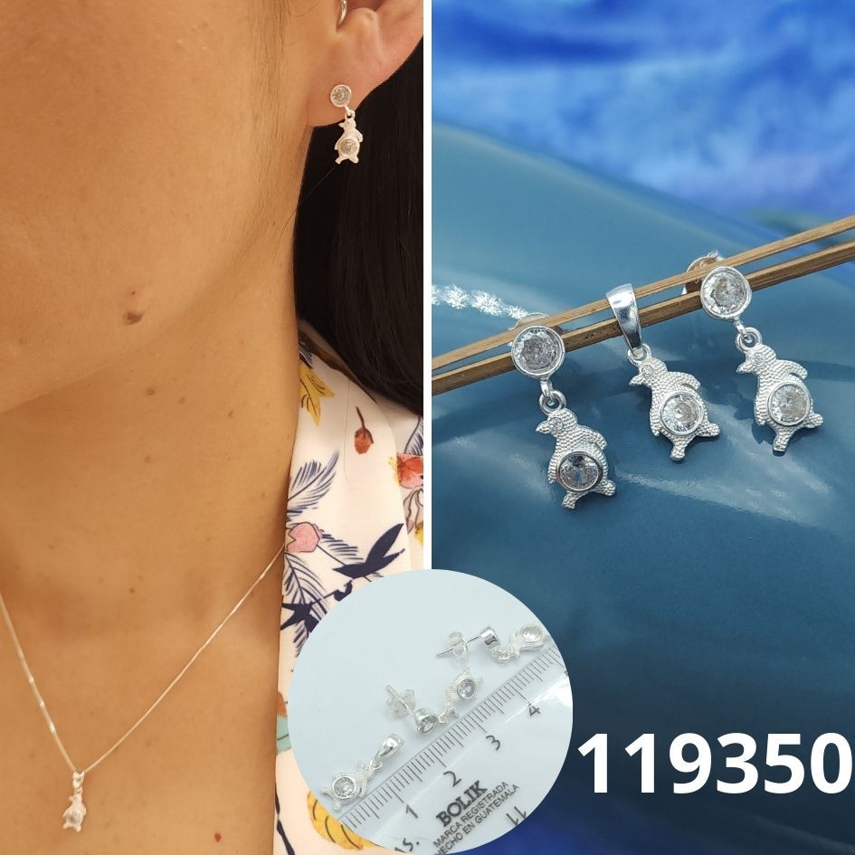 JUEGO DE PLATA 925 PINGUINO Y PUNTO DE LUZ DIJE Y ARETES 1.2CM