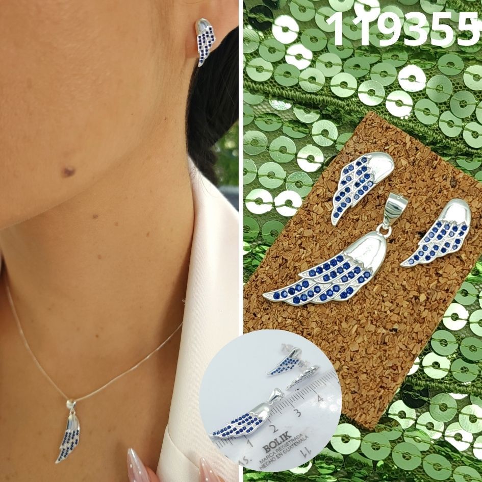 JUEGO DE PLATA 925 ALAS AZULES DIJE Y ARETES 2.5CM