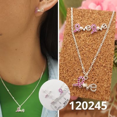 JUEGO DE PLATA 925 COLLAR LOVE 40 A 45CM Y ARETES, DIJE 1.7CM