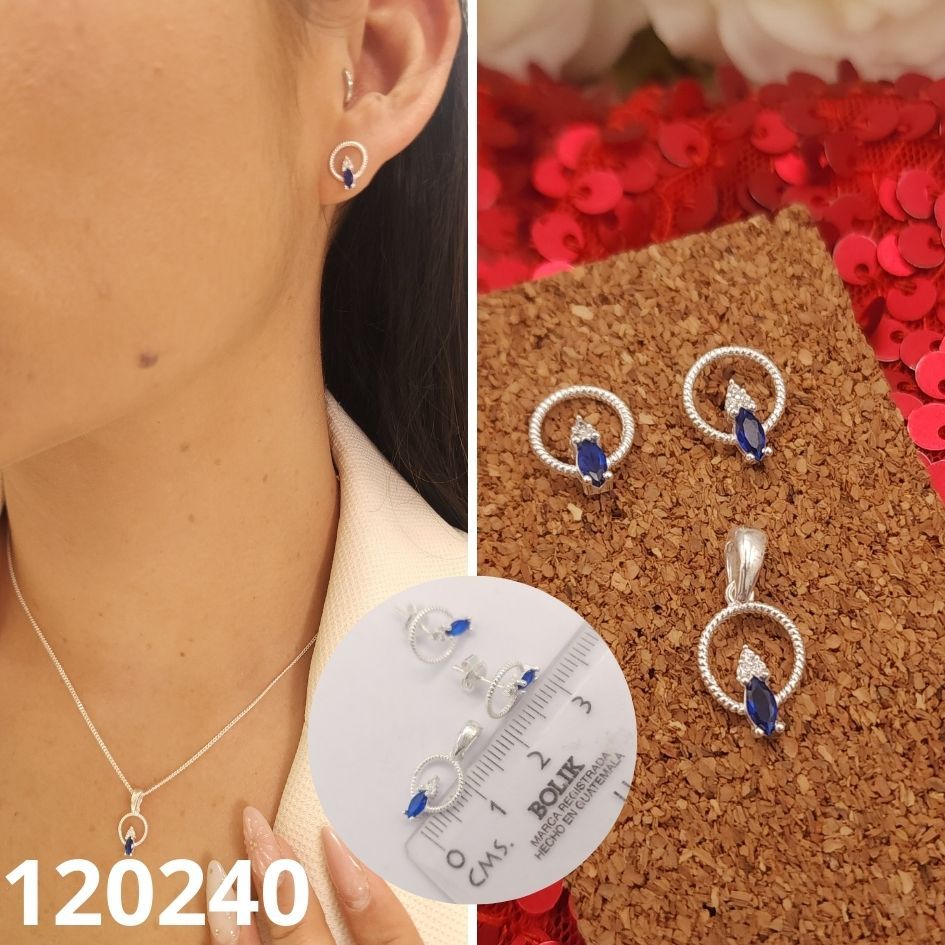 JUEGO DE PLATA 925 GOTAS AZULES Y CIRCULOS DIJE Y ARETES 1CM