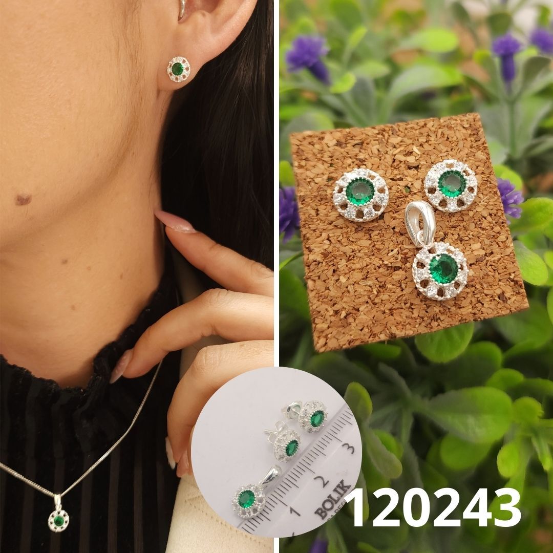 JUEGO DE PLATA 925 CIRCULO VERDE DIJE Y ARETES 8MM