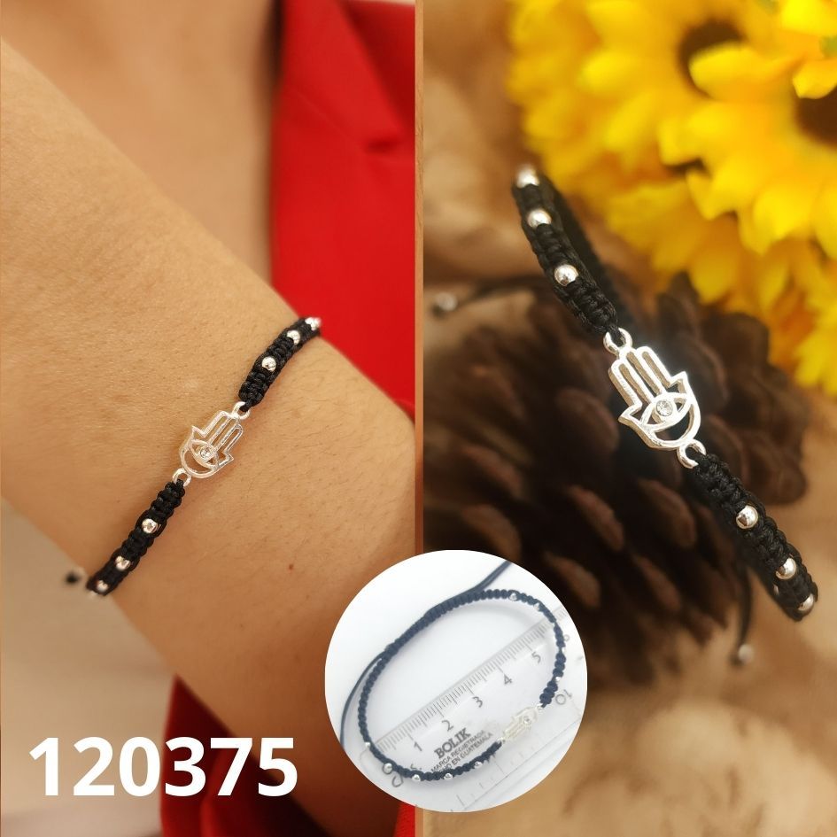 PULSERA DE PLATA 925 MANO DE FATIMA Y BOLITAS AJUSTABLE NEGRA