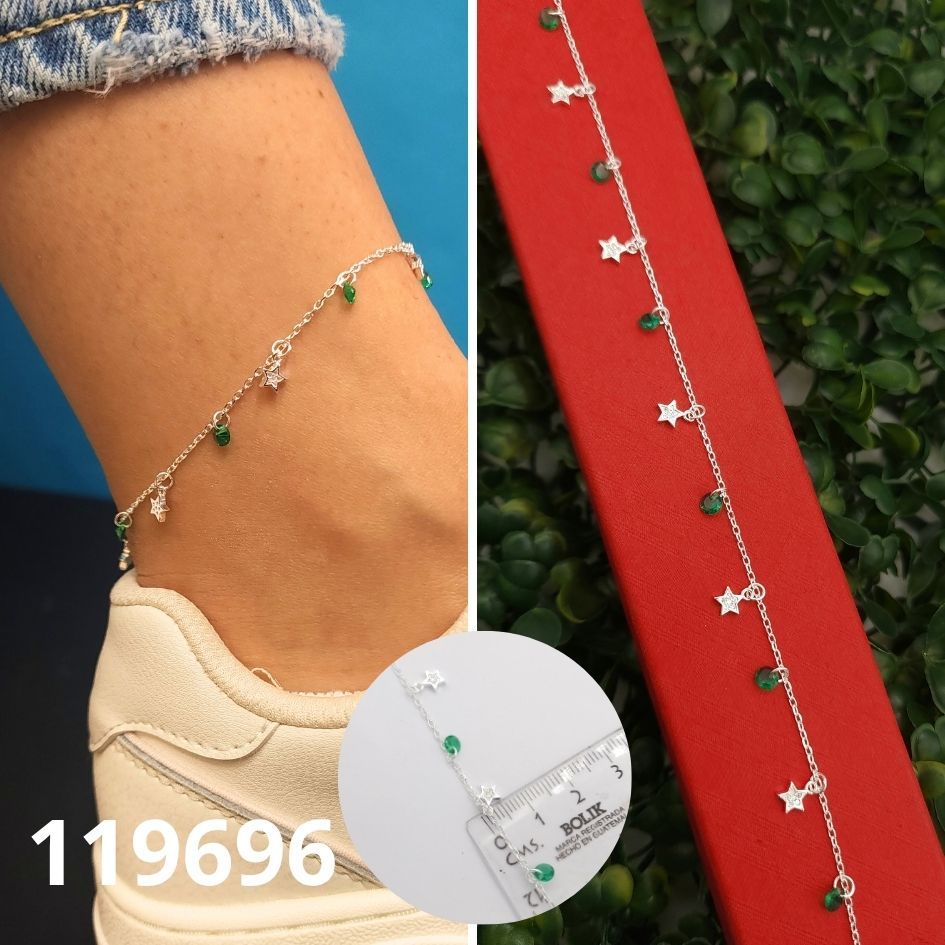 TOBILLERA DE PLATA 925 PUNTO DE LUZ VERDE Y ESTRELLAS
