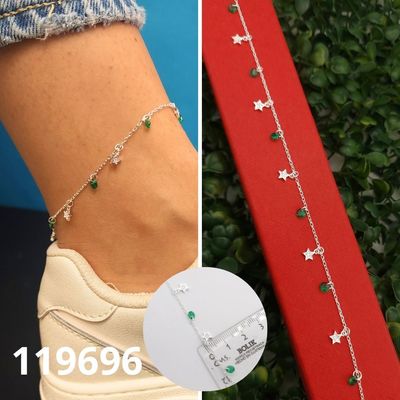 TOBILLERA DE PLATA 925 PUNTO DE LUZ VERDE Y ESTRELLAS
